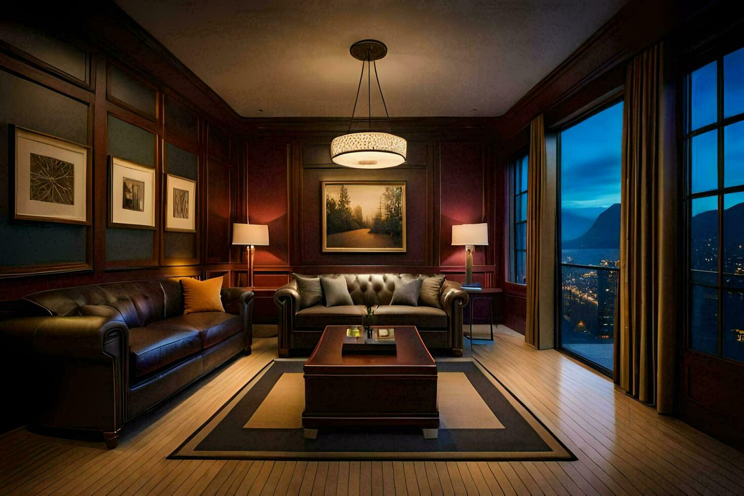 the living room has a view of the mountains at night. AI-Generated photo