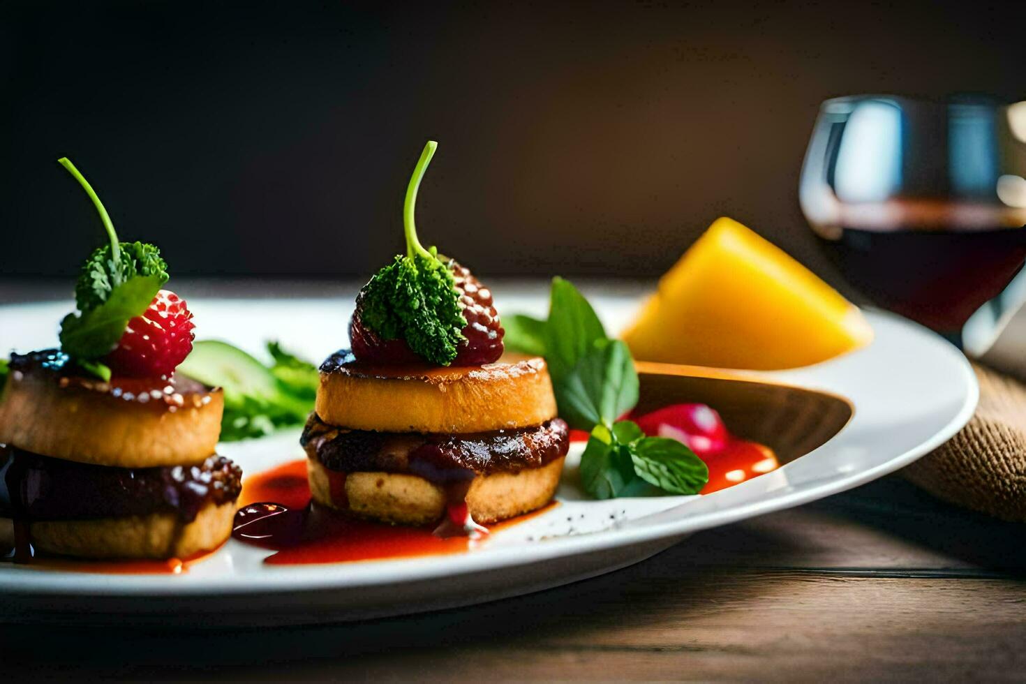 three small cakes with strawberries and sauce on a plate. AI-Generated photo