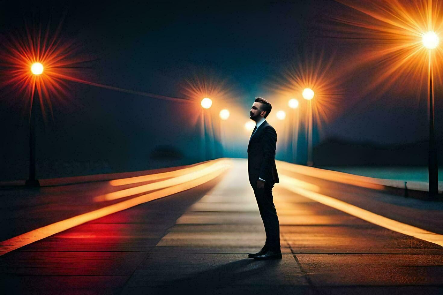 a man in a suit stands on a street at night. AI-Generated photo