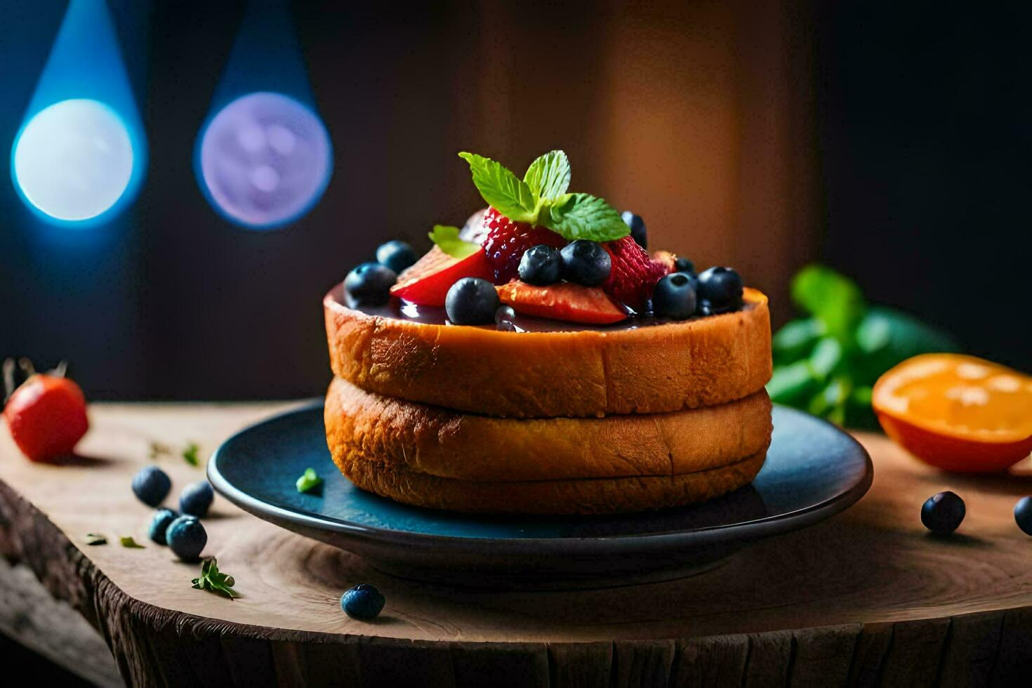 a stack of pancakes with berries and blueberries. AI-Generated photo