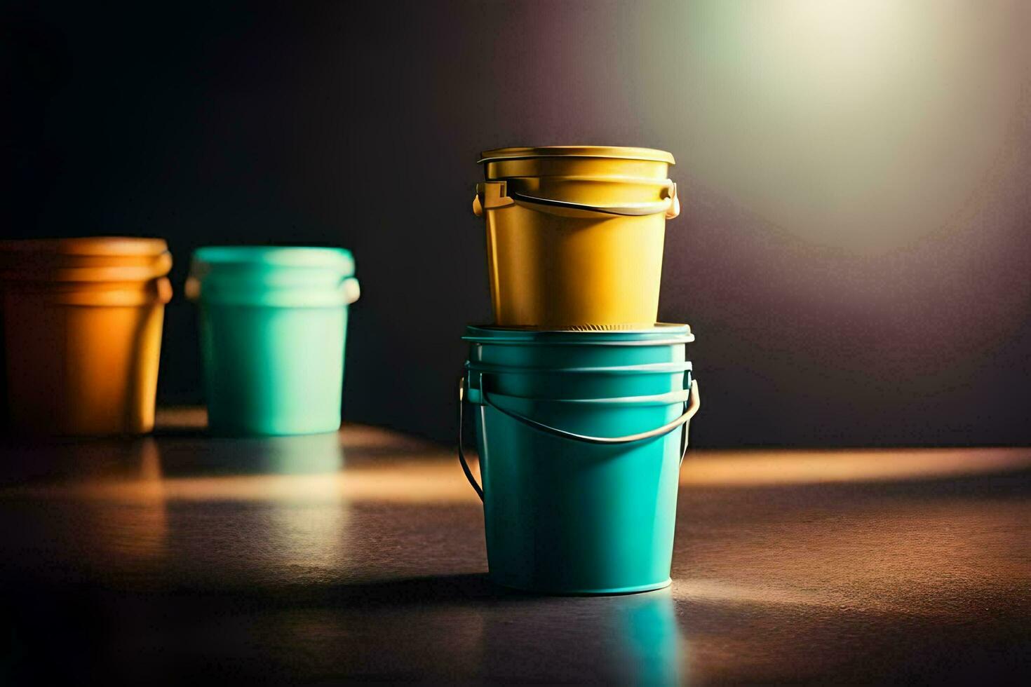 three colorful buckets sitting on a table. AI-Generated photo