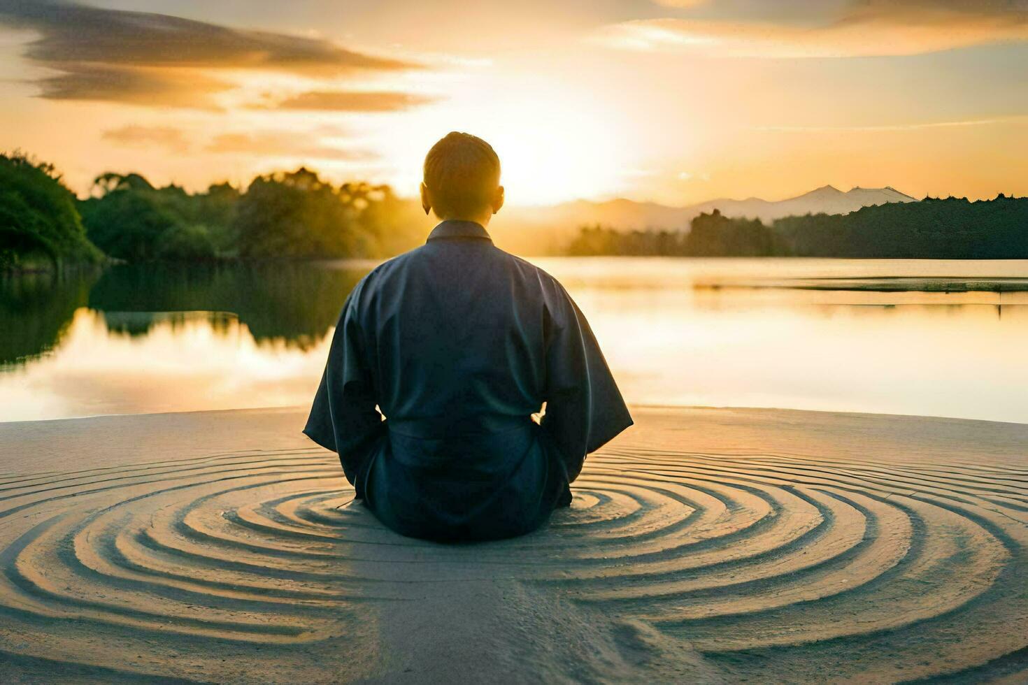 a man sitting in meditation on the sand at sunset. AI-Generated photo