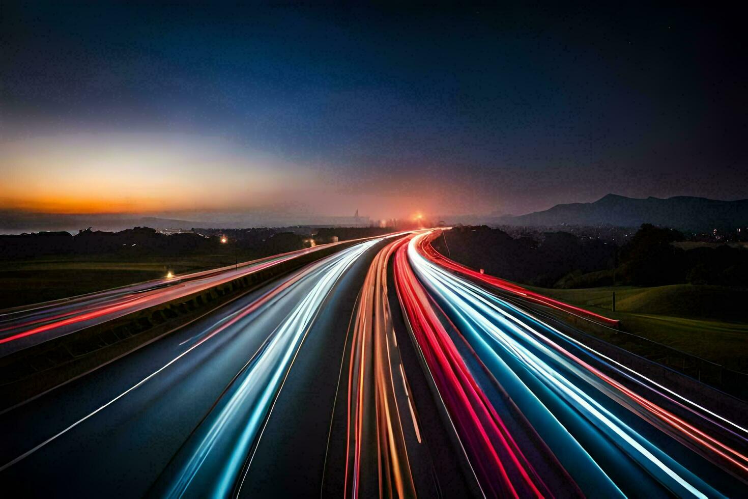 a long exposure photograph of a highway at night. AI-Generated photo