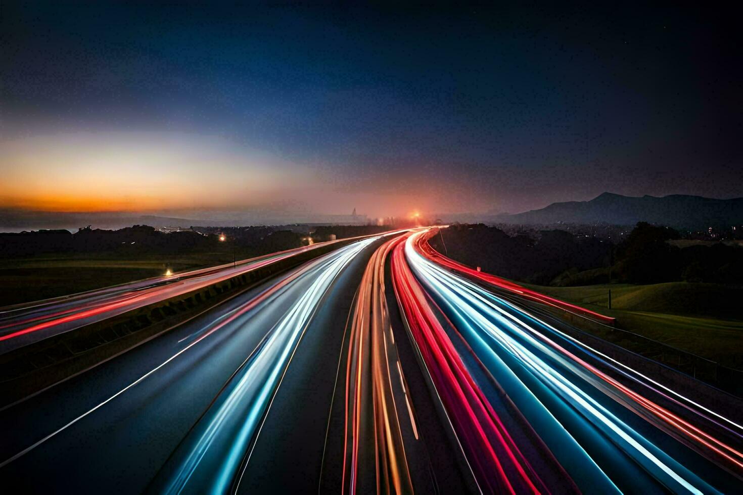 un largo exposición fotografía de un autopista a noche. generado por ai foto