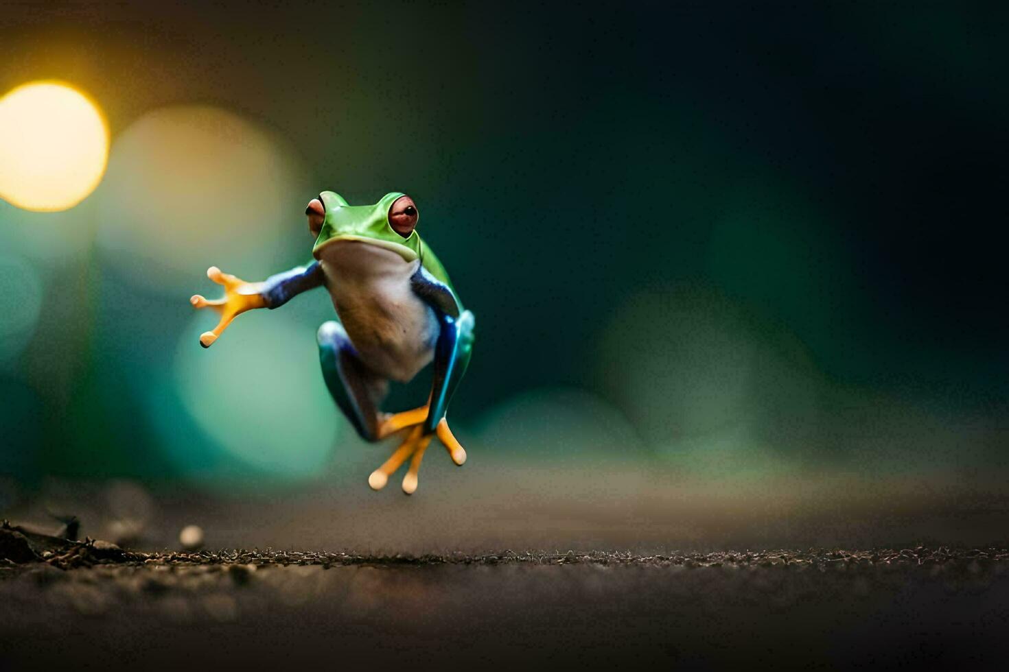 a frog jumping in the air with its legs spread. AI-Generated photo