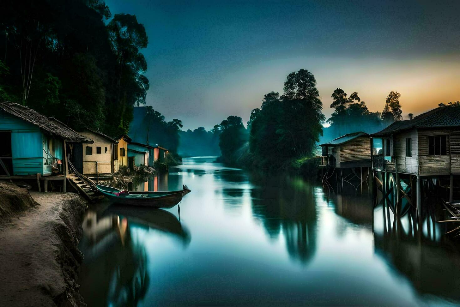 a river in the middle of a village with houses on stilts. AI-Generated photo