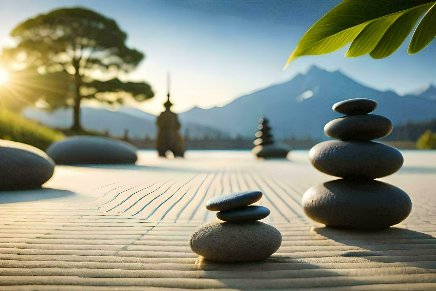 zen garden with stones and a tree in the background. AI-Generated photo