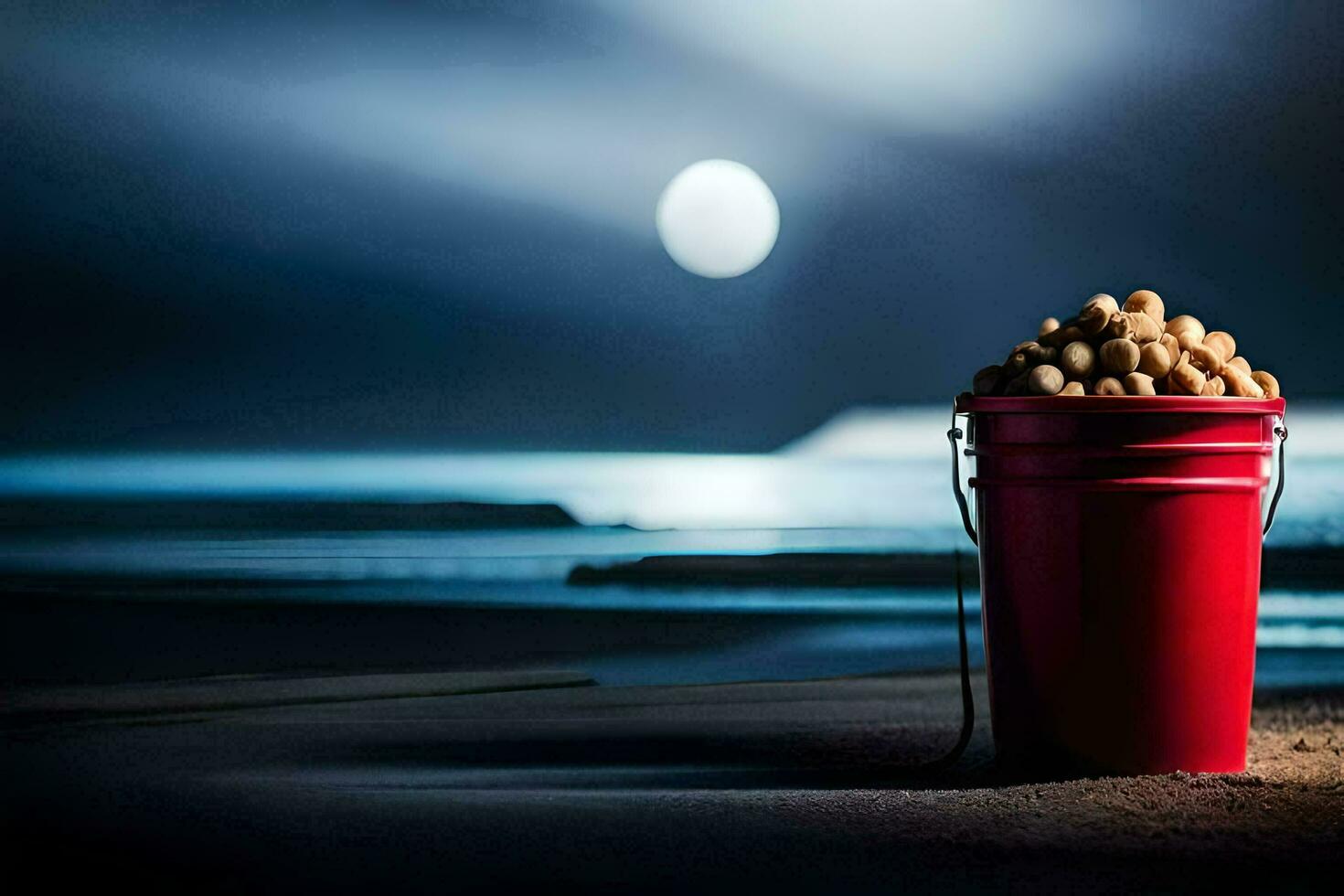 a bucket of peanuts on the beach at night. AI-Generated photo