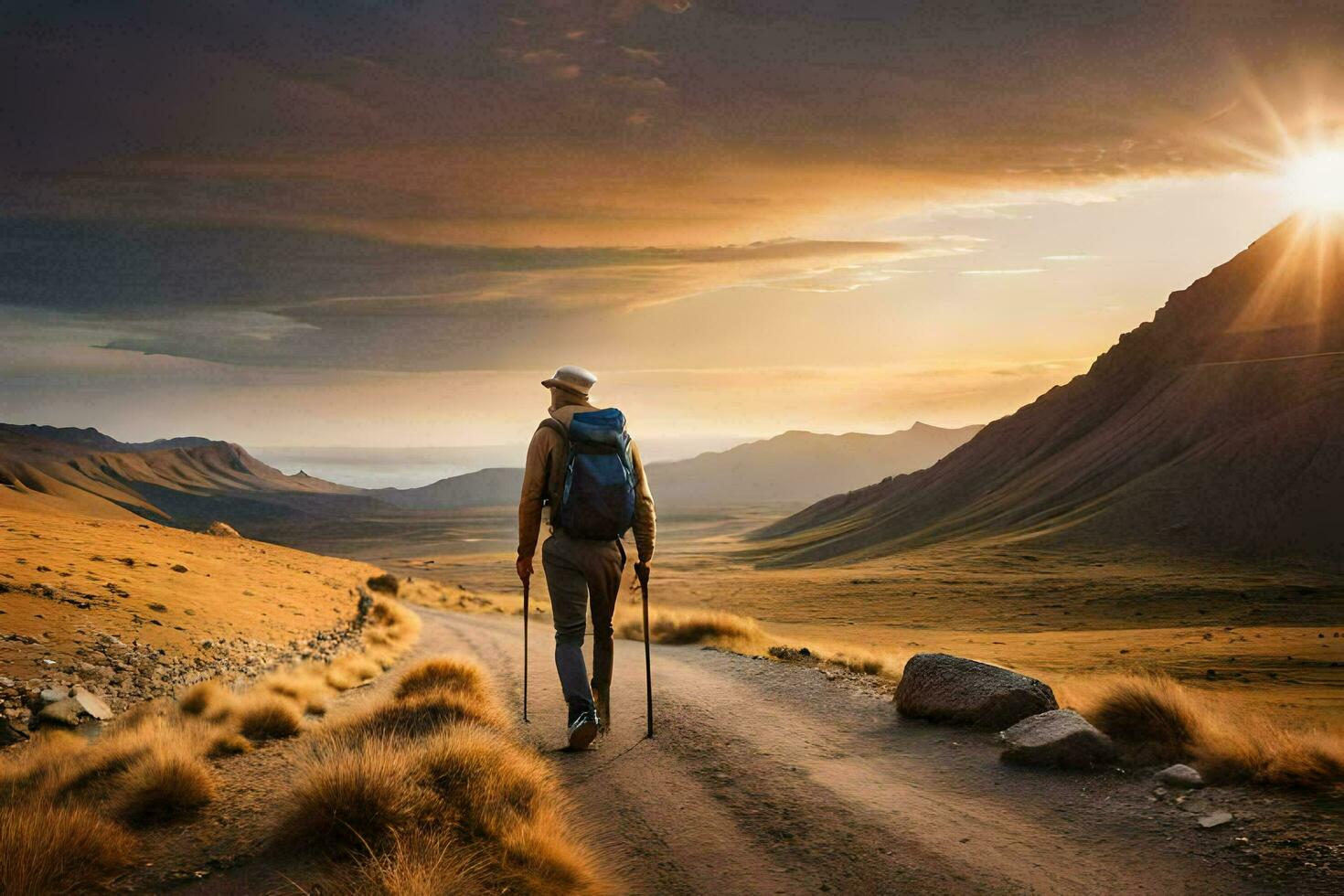 un persona con un mochila caminando en un suciedad la carretera. generado por ai foto