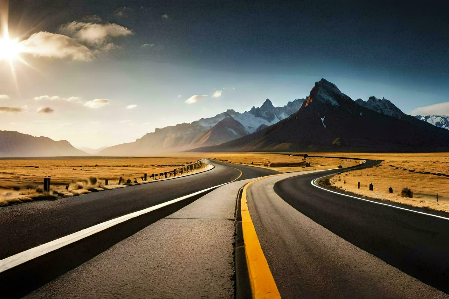 a long road with mountains in the background. AI-Generated photo