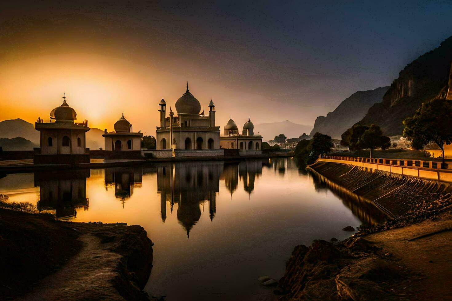 the sun sets over a mosque in the middle of a lake. AI-Generated photo