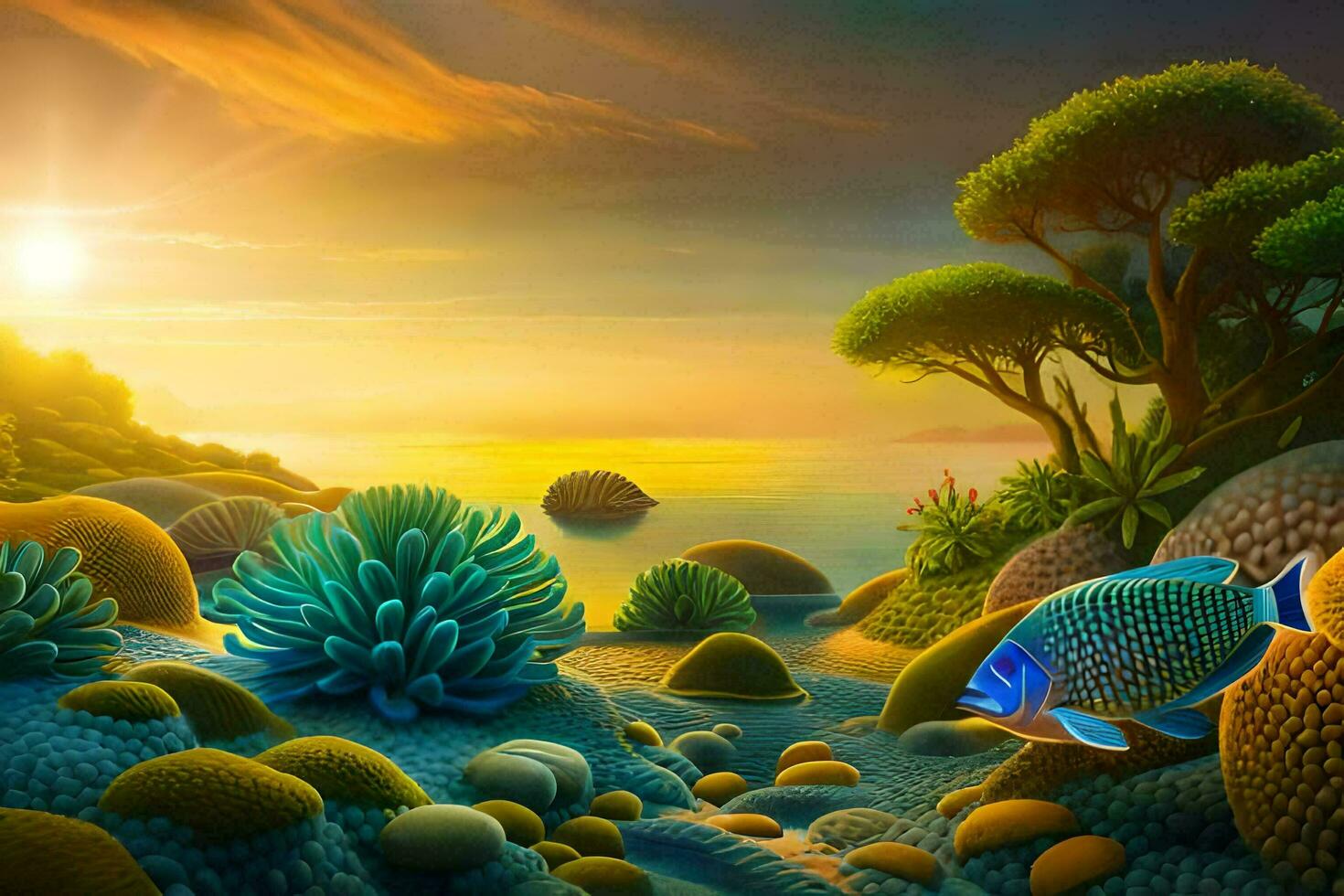 a colorful fish is swimming in the ocean at sunset. AI-Generated photo