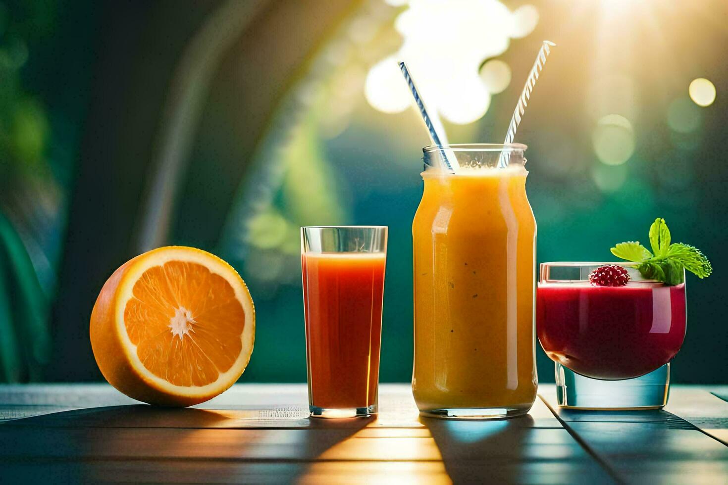 three different types of juices are shown on a table. AIGenerated