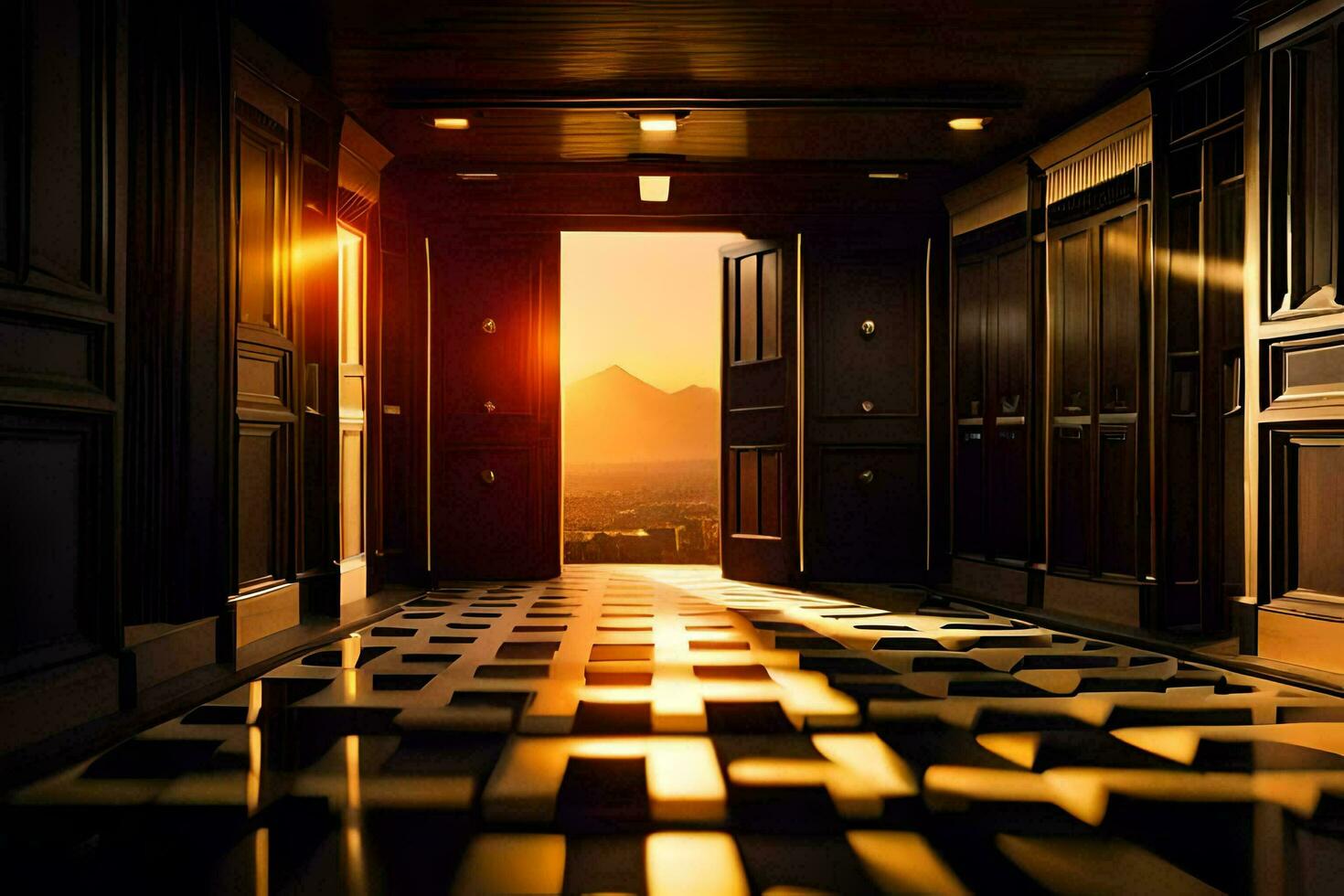 a hallway with a door leading to a room with a sun setting behind it. AI-Generated photo