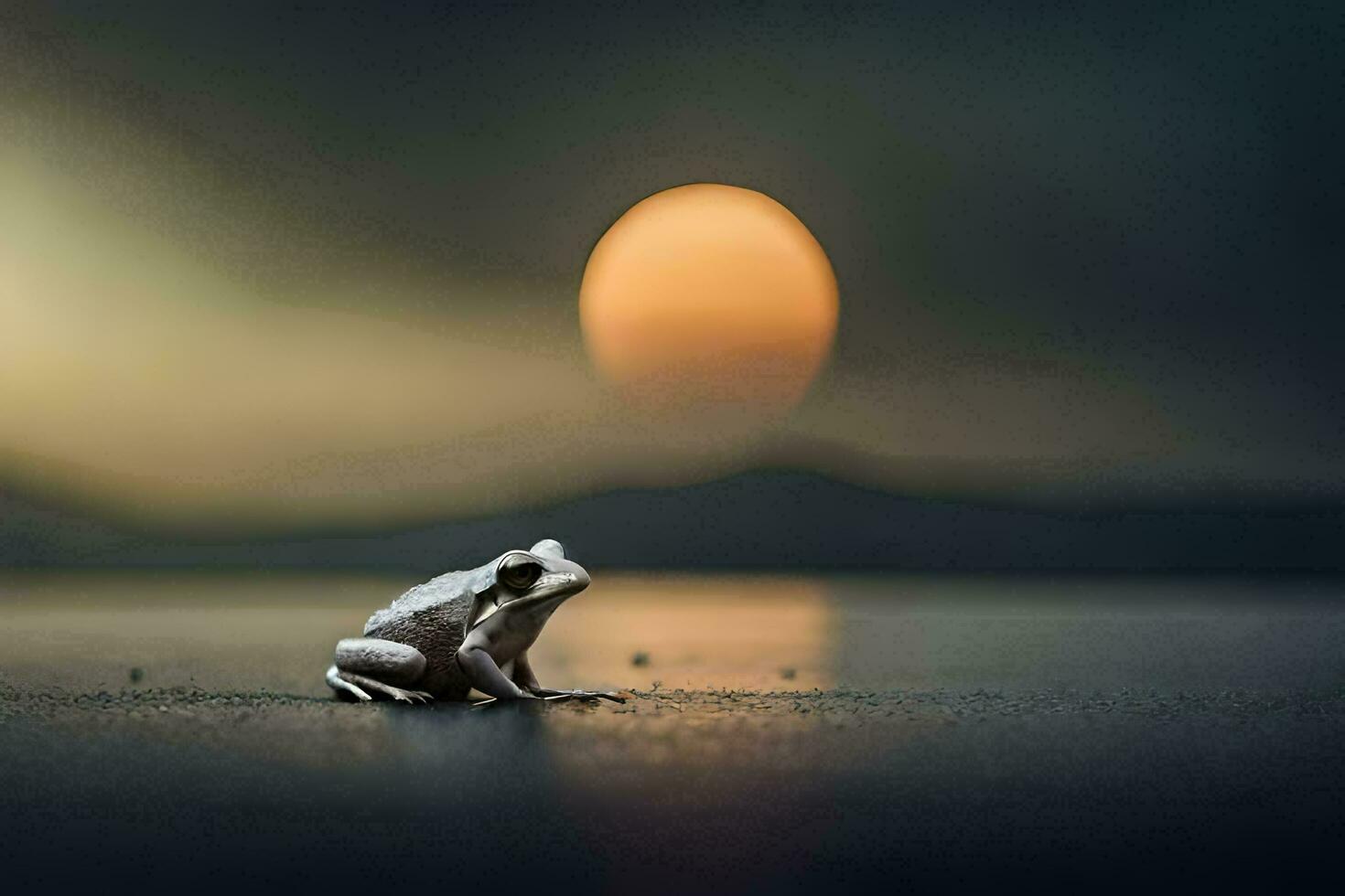 a frog sitting on the ground in front of a sunset. AI-Generated photo