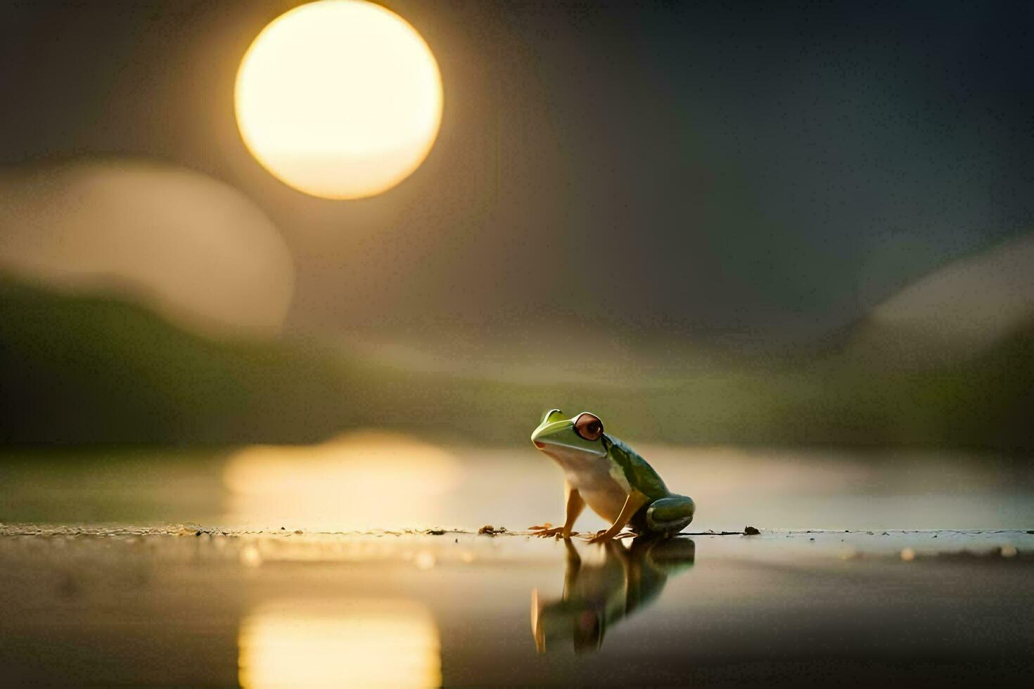 a frog sitting on the water with the sun setting behind it. AI-Generated photo