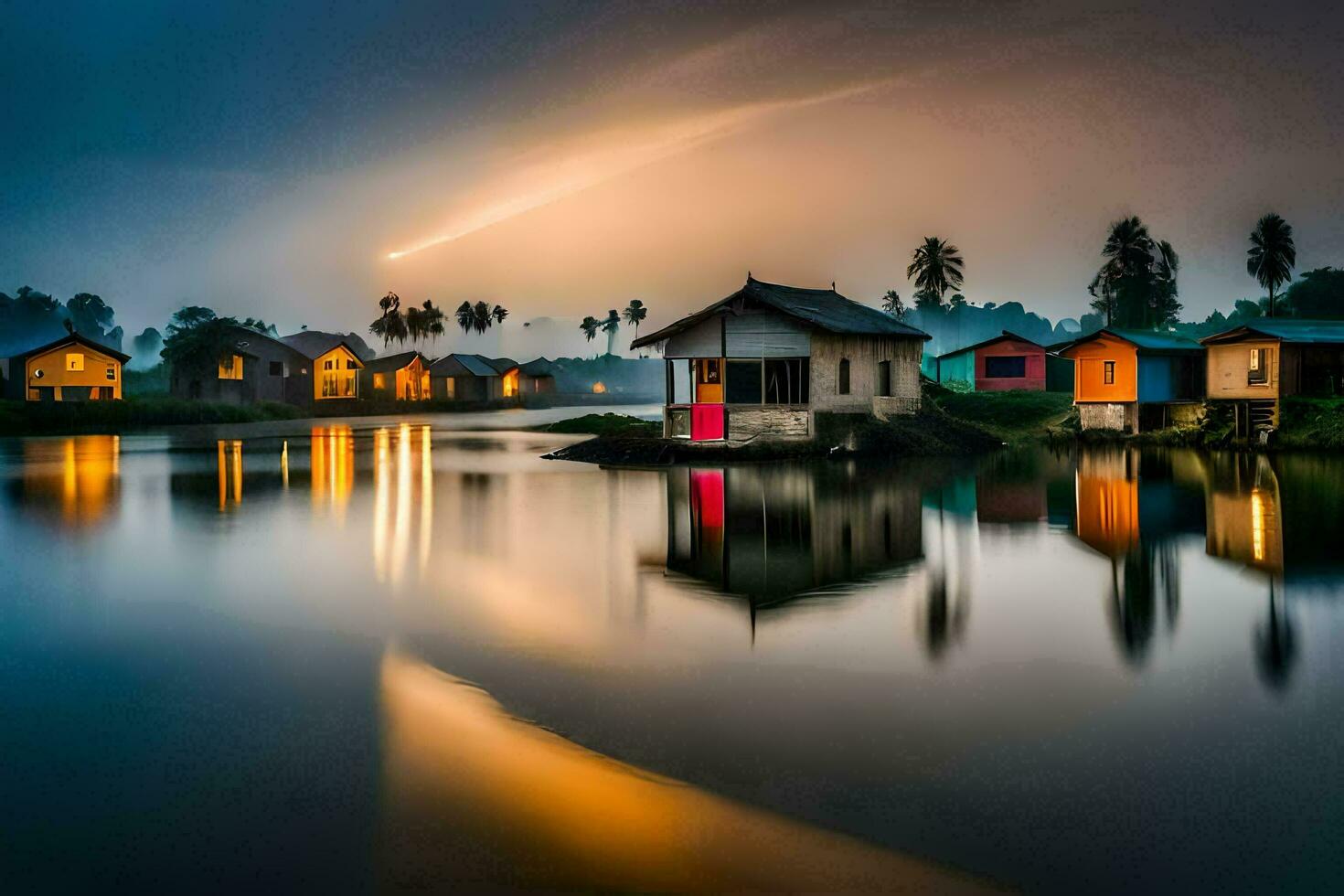 houses on the water at night with a sky full of stars. AI-Generated photo