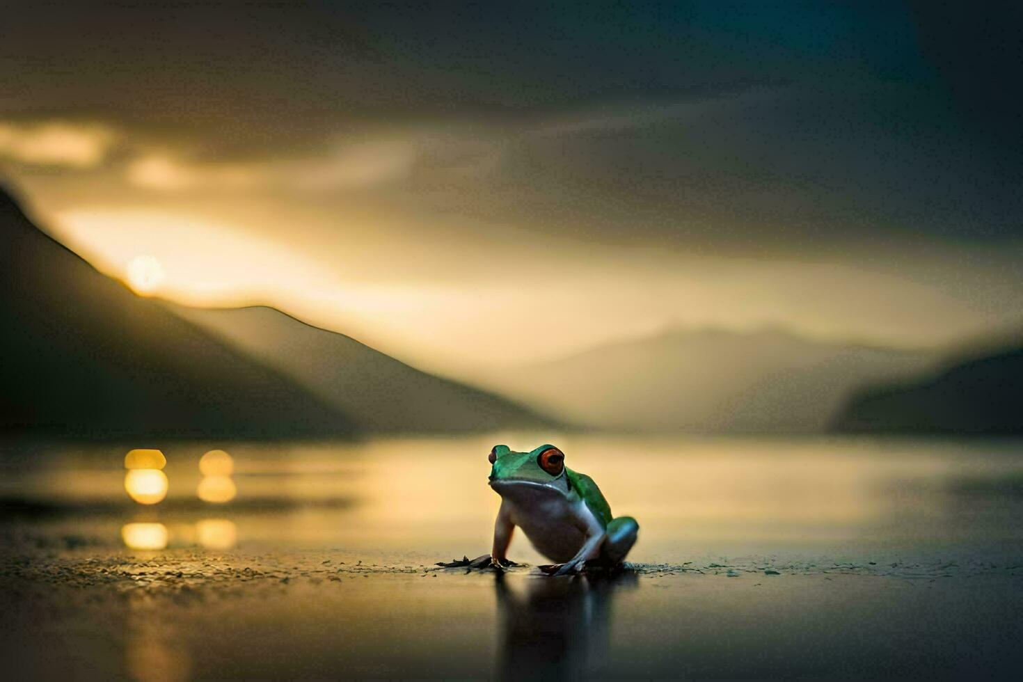 a frog sitting on the shore of a lake at sunset. AI-Generated photo