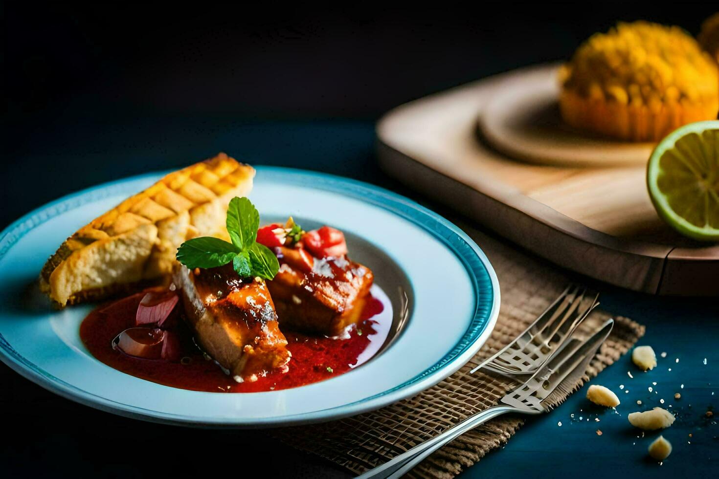 the food is served on a plate with a knife and fork. AI-Generated photo