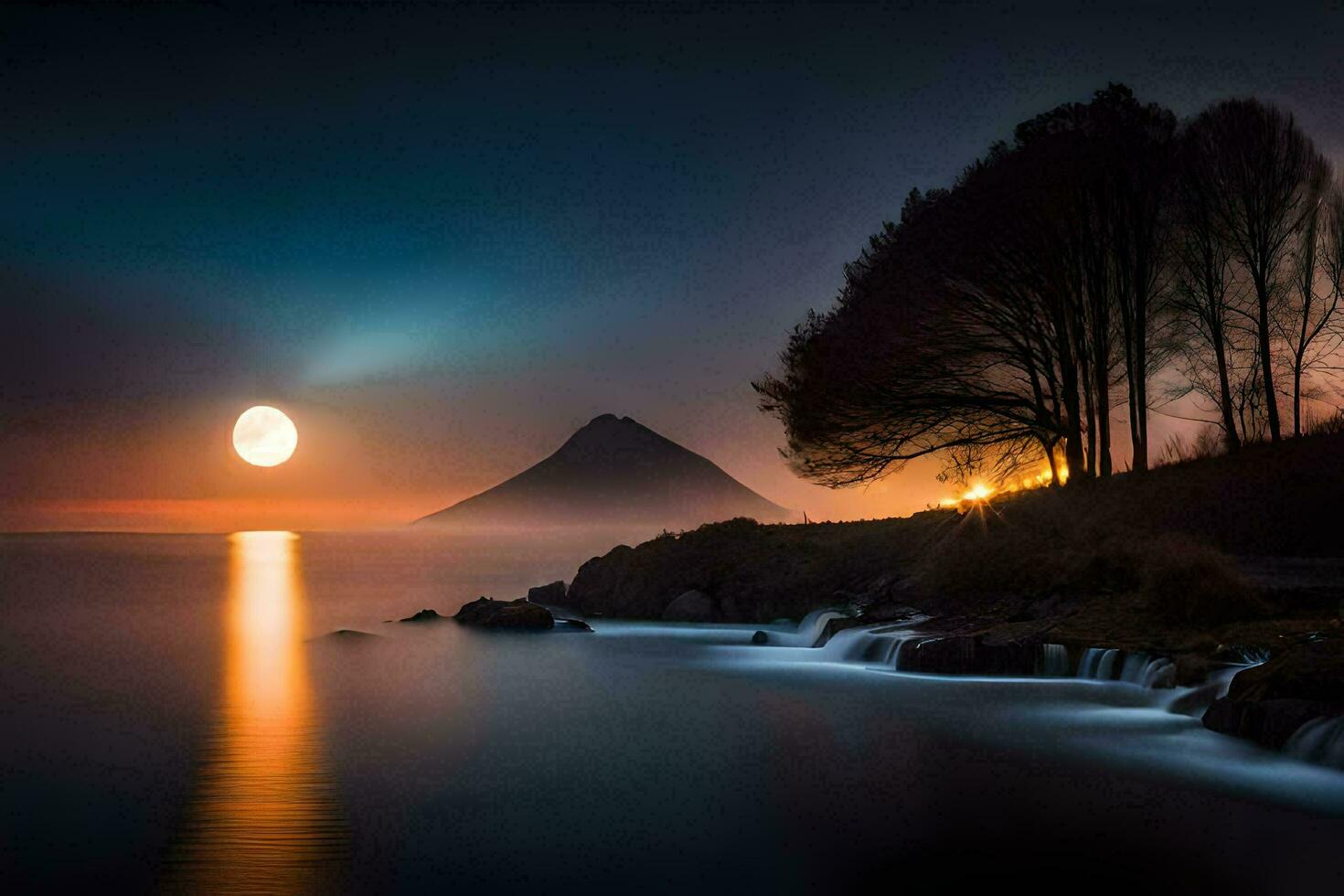 un lleno Luna es visto terminado el Oceano y arboles generado por ai foto