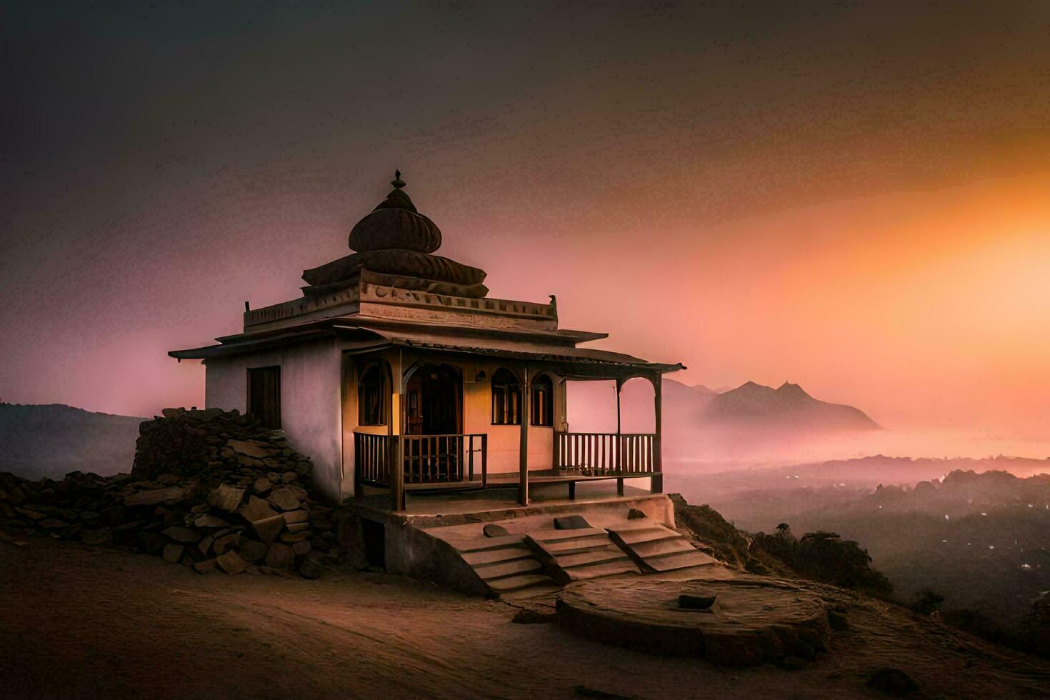 a small temple sits on top of a hill at sunset. AI-Generated photo