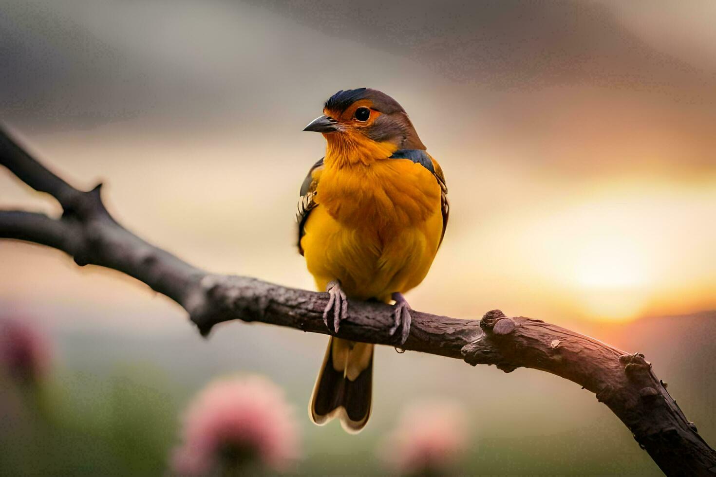 a bird sits on a branch in front of a sunset. AI-Generated photo