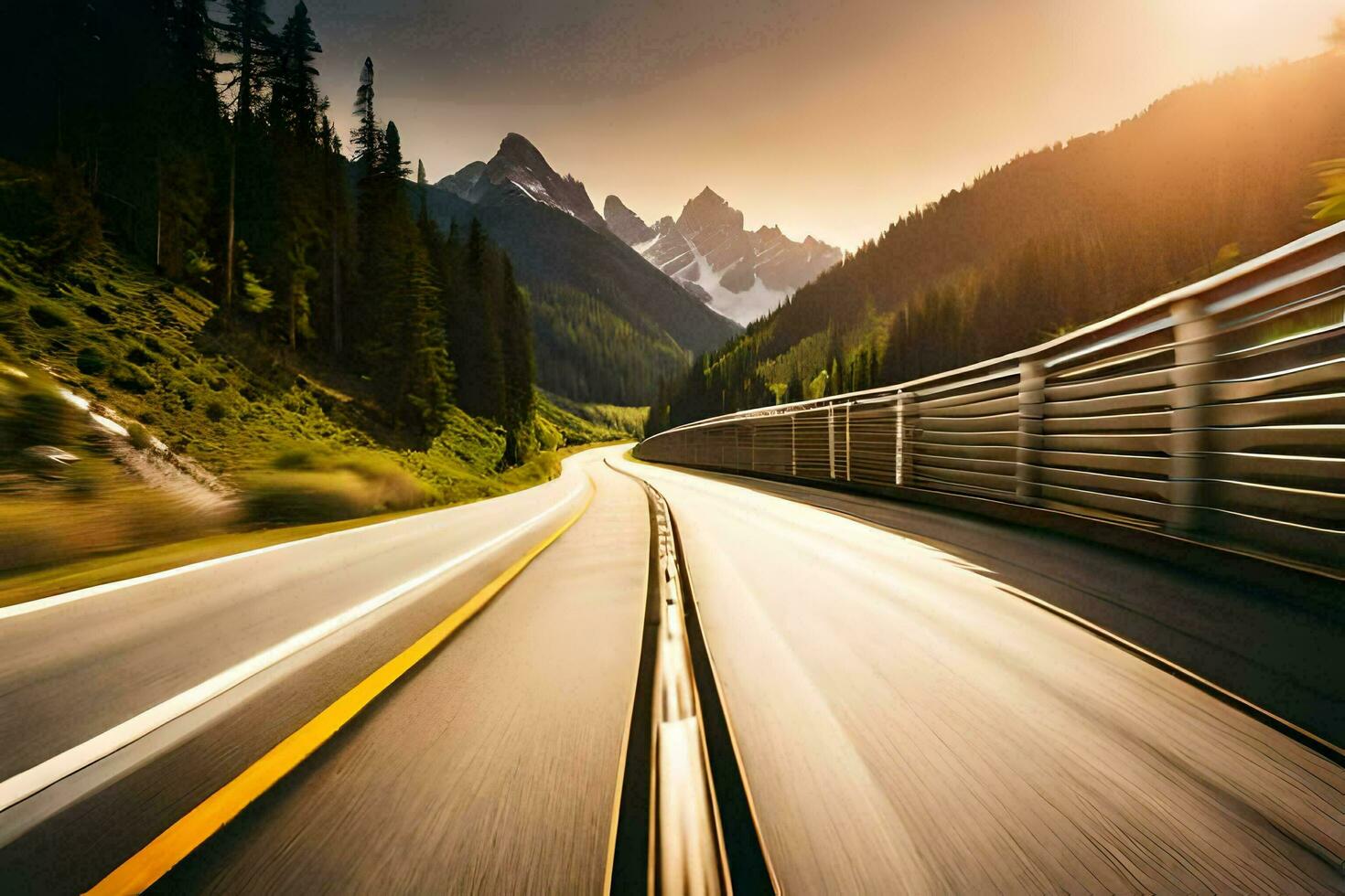 a car driving on a highway with mountains in the background. AI-Generated photo