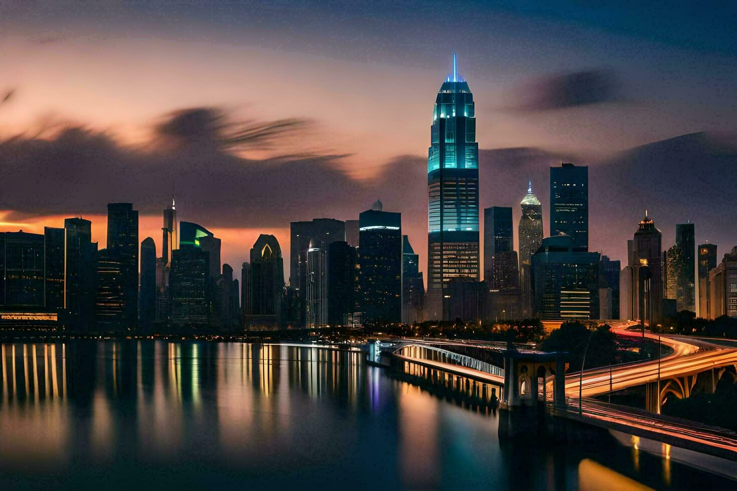 the city skyline at dusk with a long exposure. AI-Generated photo