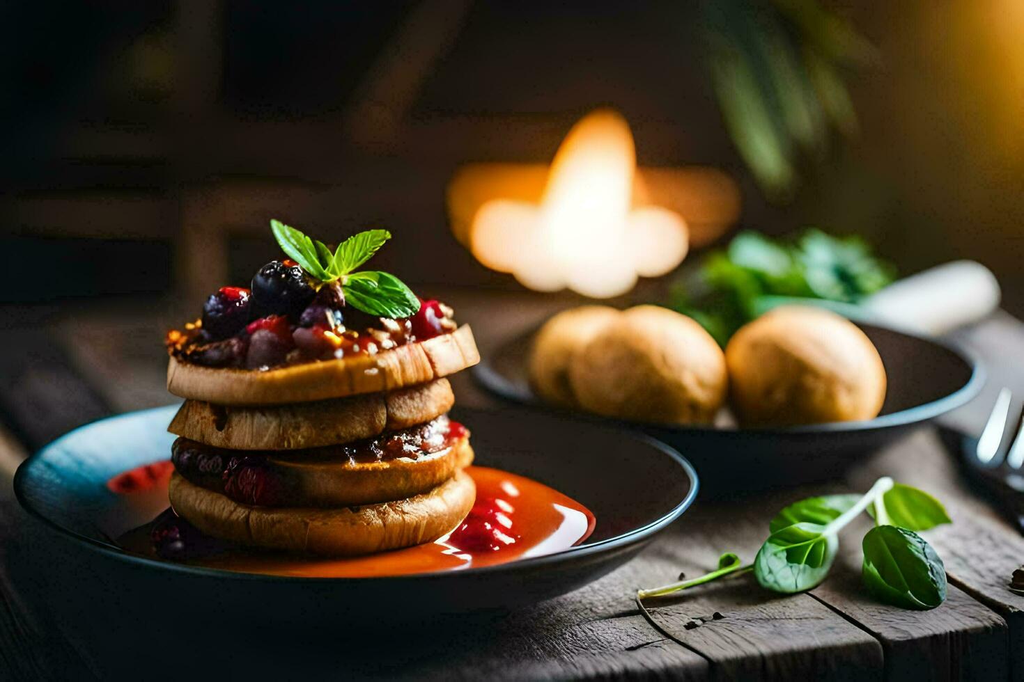a stack of pancakes with berries and sauce on a plate. AI-Generated photo