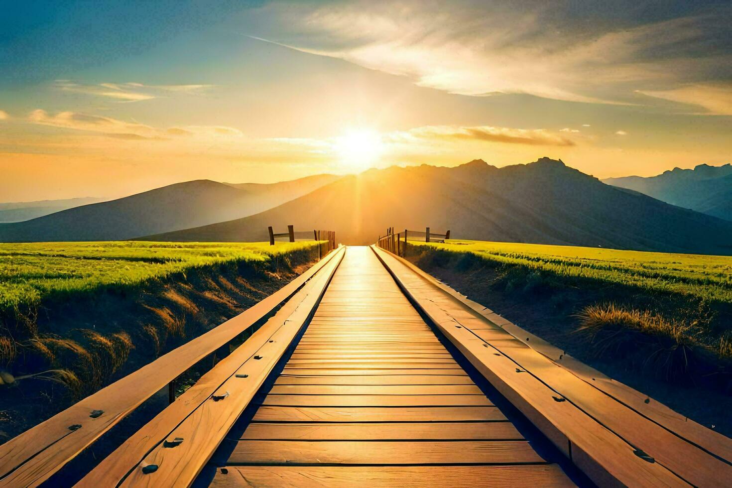 a wooden walkway leads to the sun. AI-Generated photo