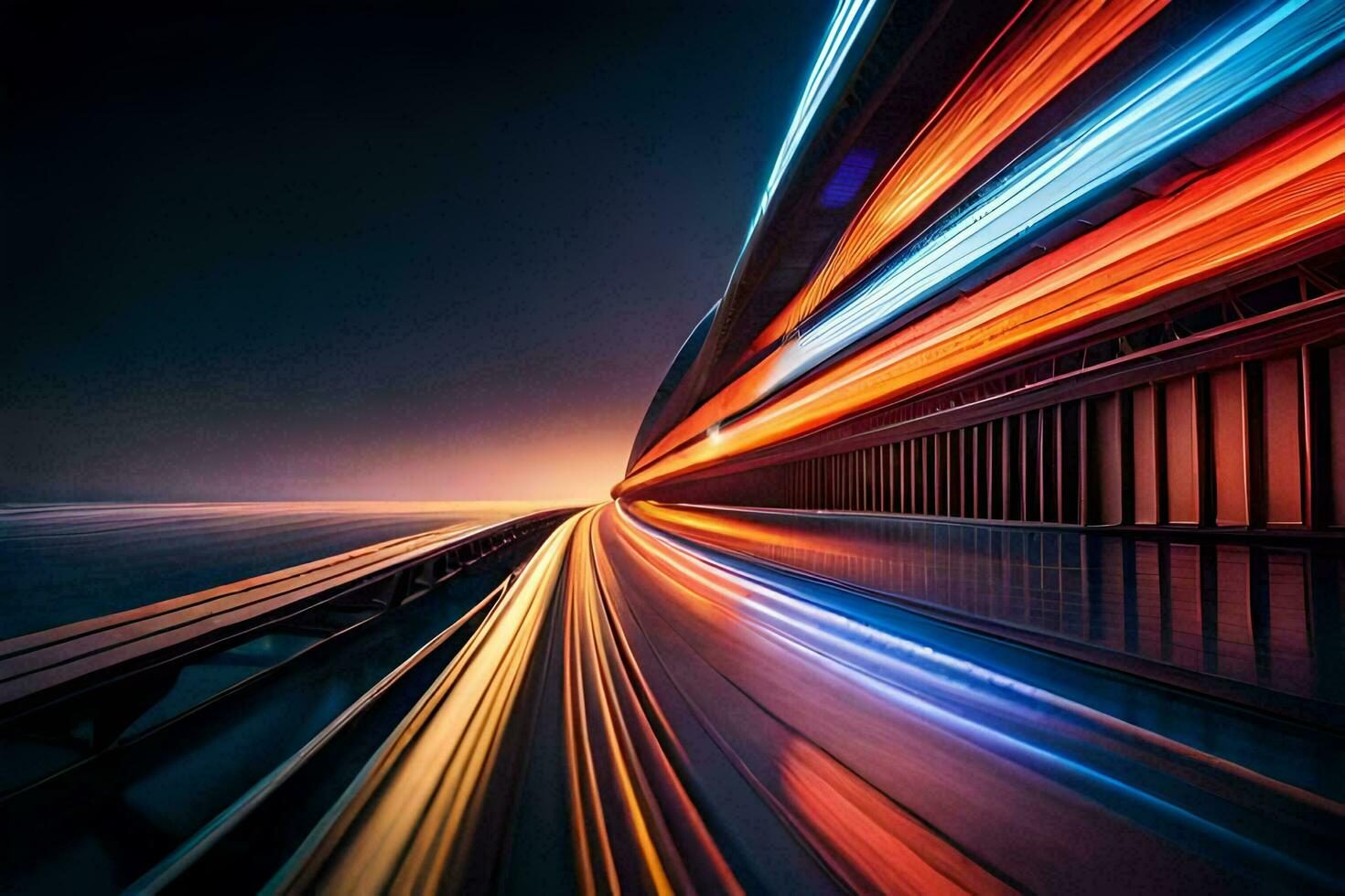 a long exposure photograph of a train passing through the night. AI-Generated photo