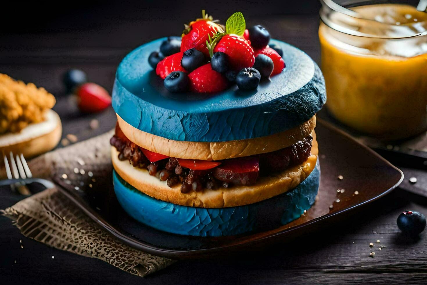 un azul hamburguesa con bayas y un vaso de jugo. generado por ai foto