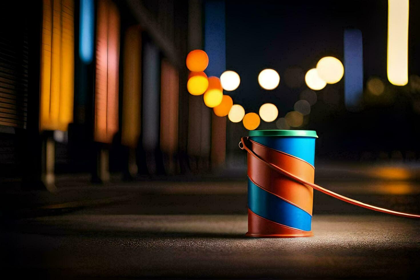 a colorful can sitting on the ground with a light. AI-Generated photo