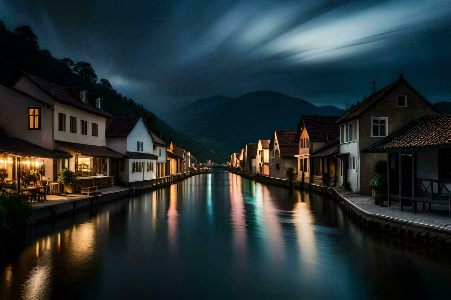 a canal in the middle of a town at night. AI-Generated photo