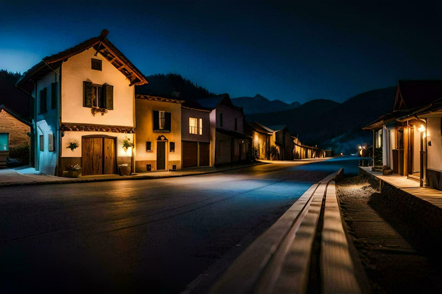 un calle a noche en un pequeño ciudad. generado por ai foto