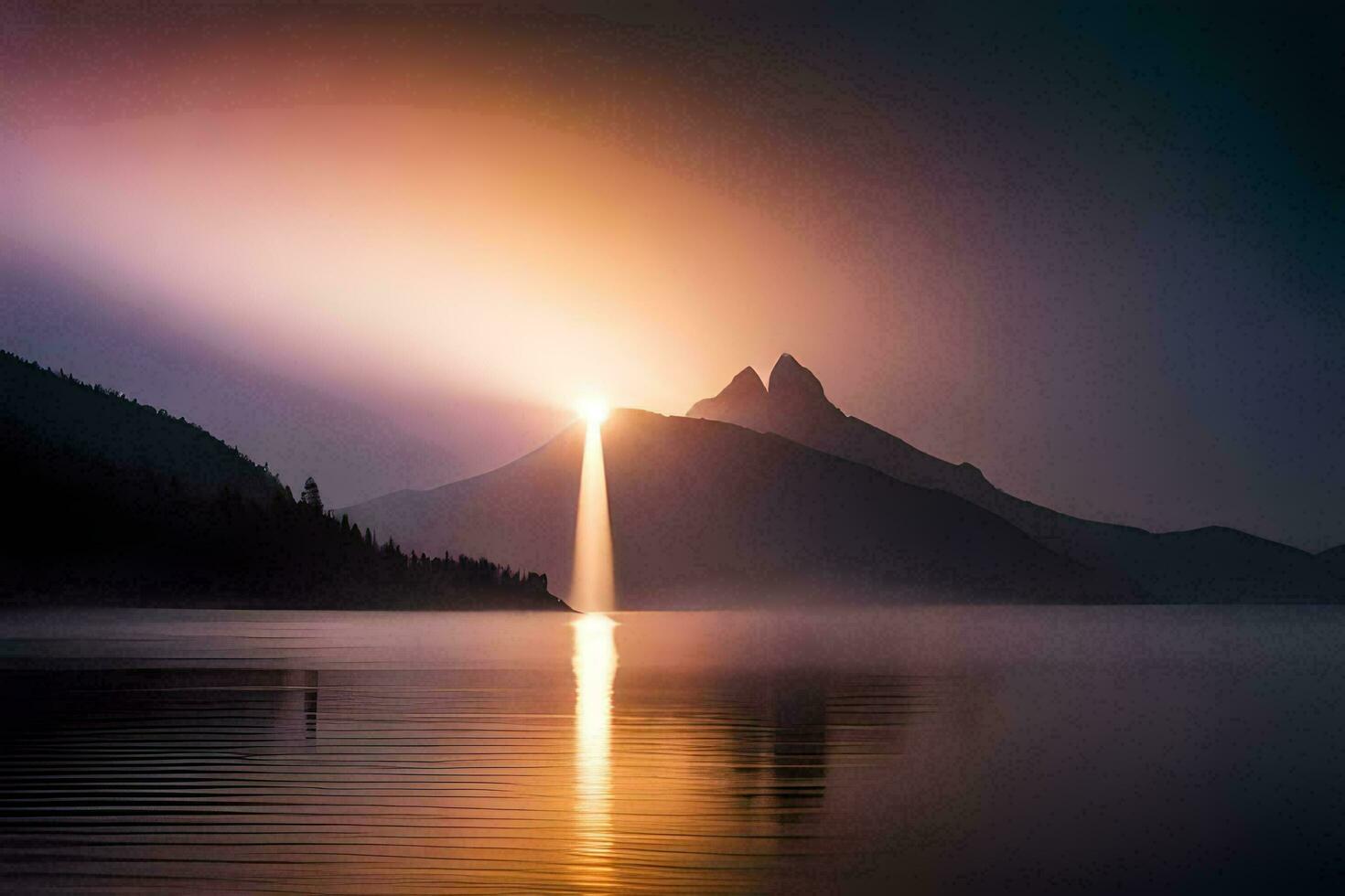 a mountain with a light shining through the fog. AI-Generated photo