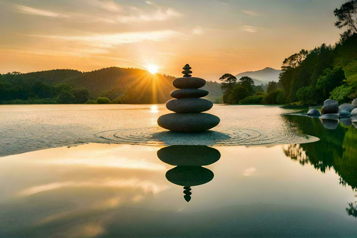 a stack of stones in the water at sunset. AI-Generated photo