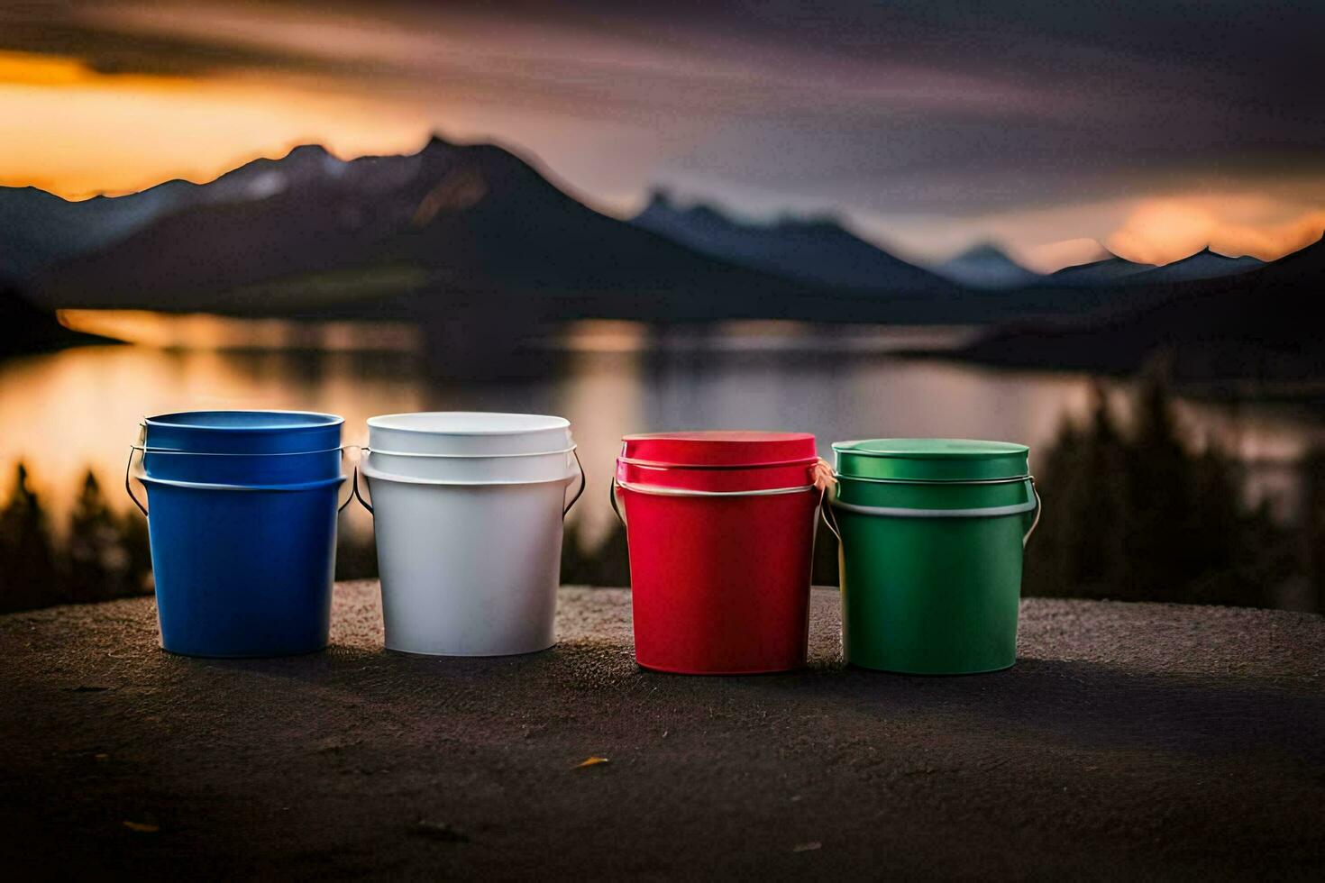 four colorful buckets sitting on a rock with mountains in the background. AI-Generated photo