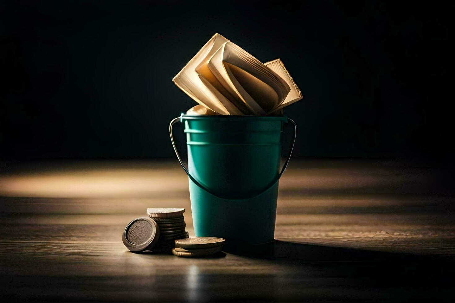 a green bucket with a folded piece of paper in it. AI-Generated photo