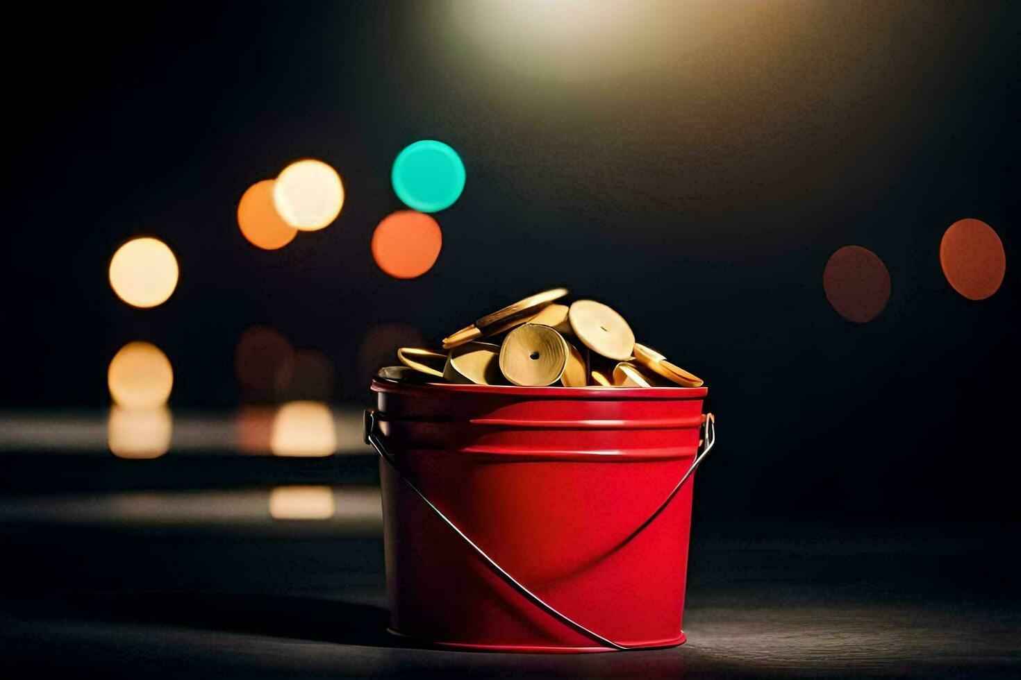 a red bucket filled with coins on a table. AI-Generated photo