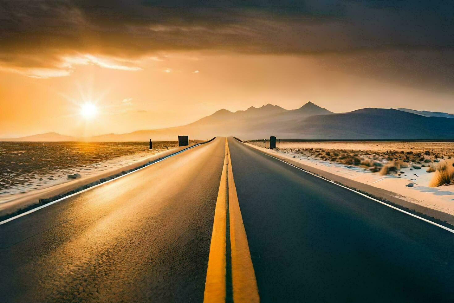 a long empty road in the desert with the sun setting behind it. AI-Generated photo