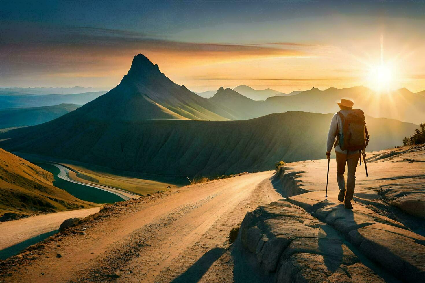 a man with a backpack walking up a mountain at sunset. AI-Generated photo