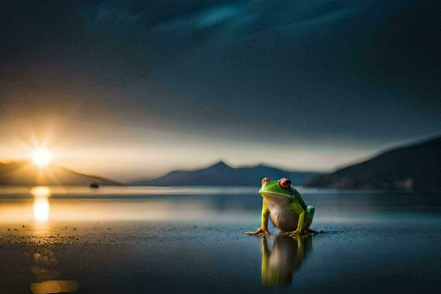 a frog sitting on the beach at sunset. AI-Generated photo