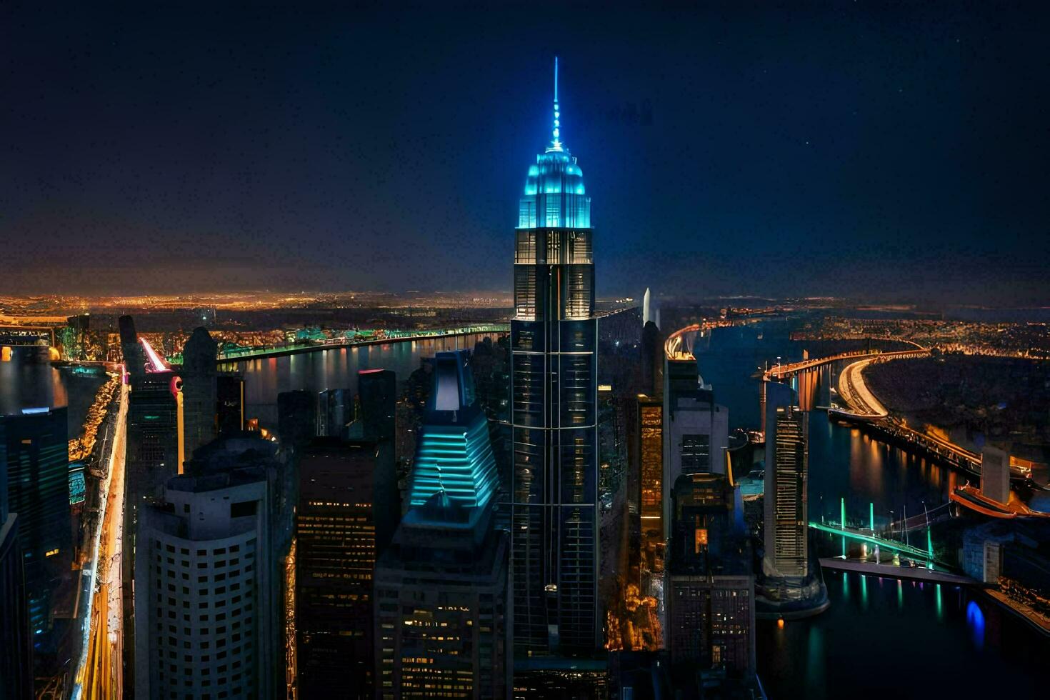 the city skyline at night with the empire state building lit up in blue. AI-Generated photo