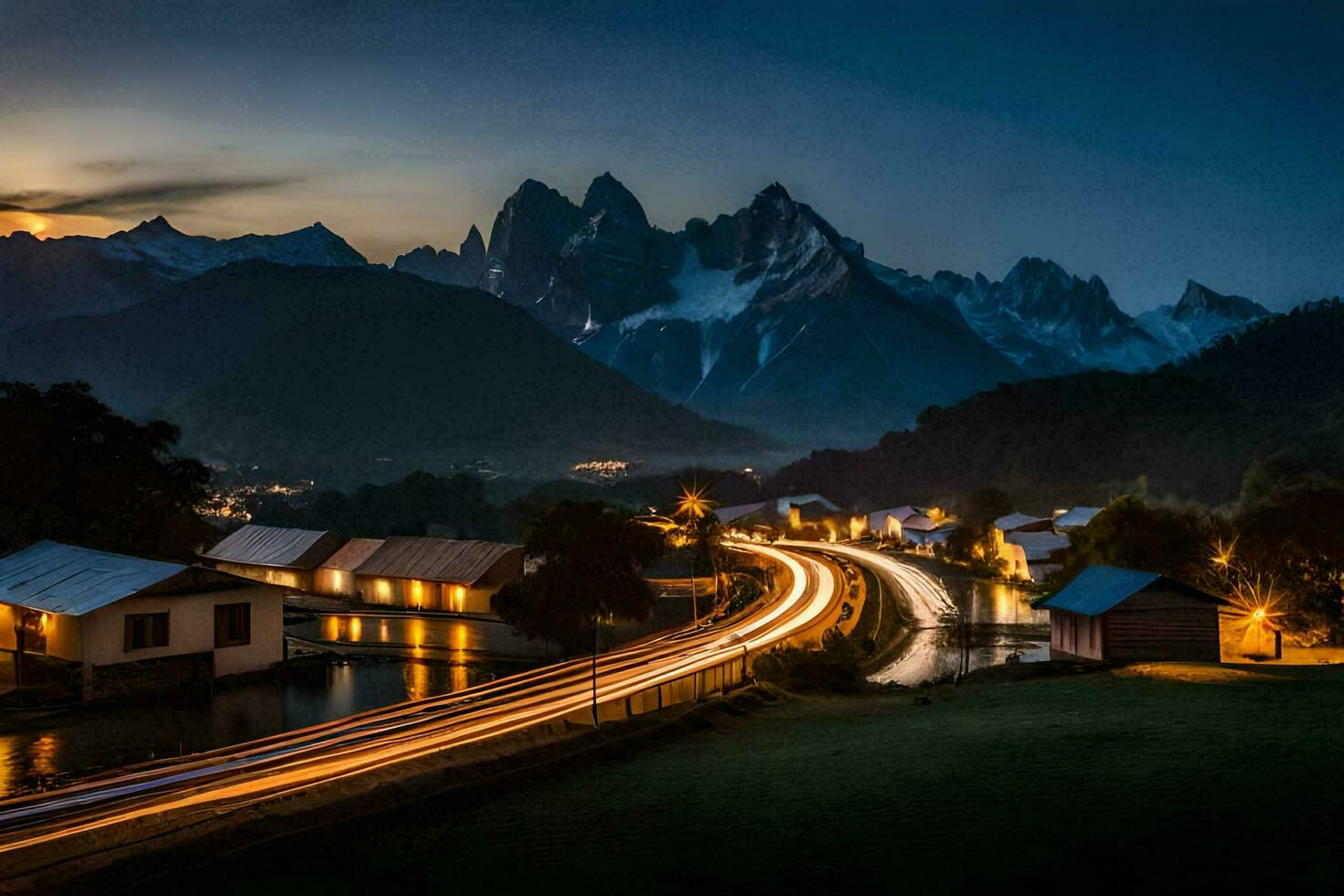 un la carretera en frente de un montaña rango a noche. generado por ai foto