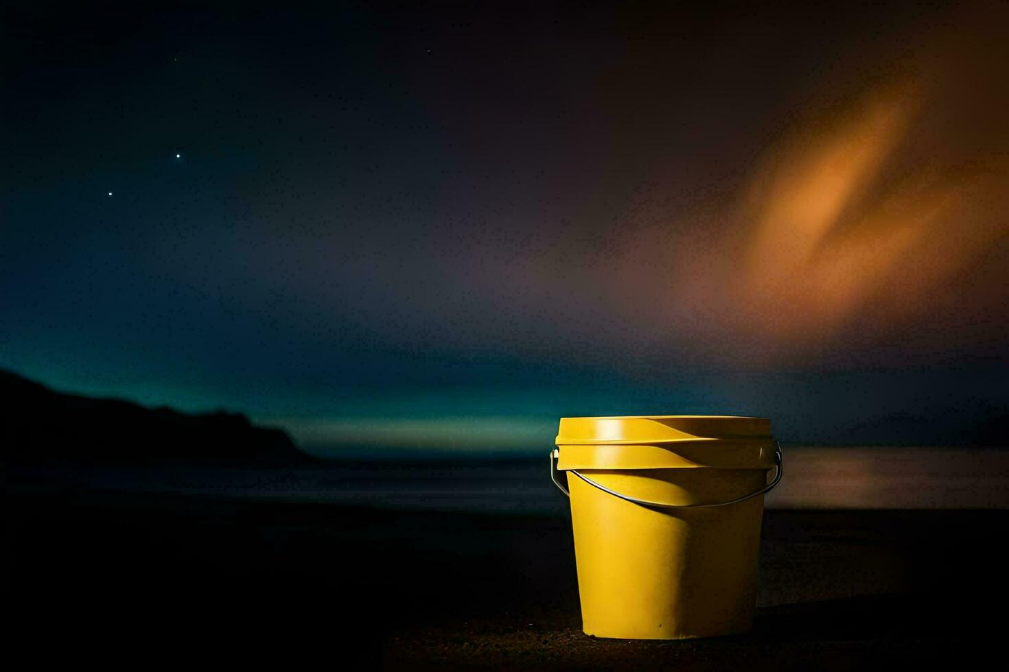 un amarillo Cubeta sentado en el playa a noche. generado por ai foto