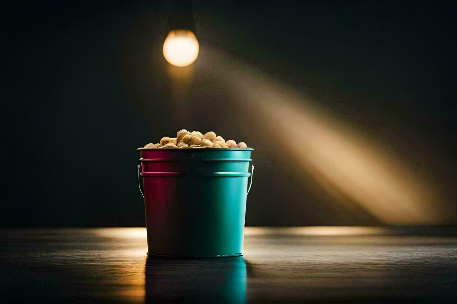 a bucket of popcorn on a table in front of a light bulb. AI-Generated photo