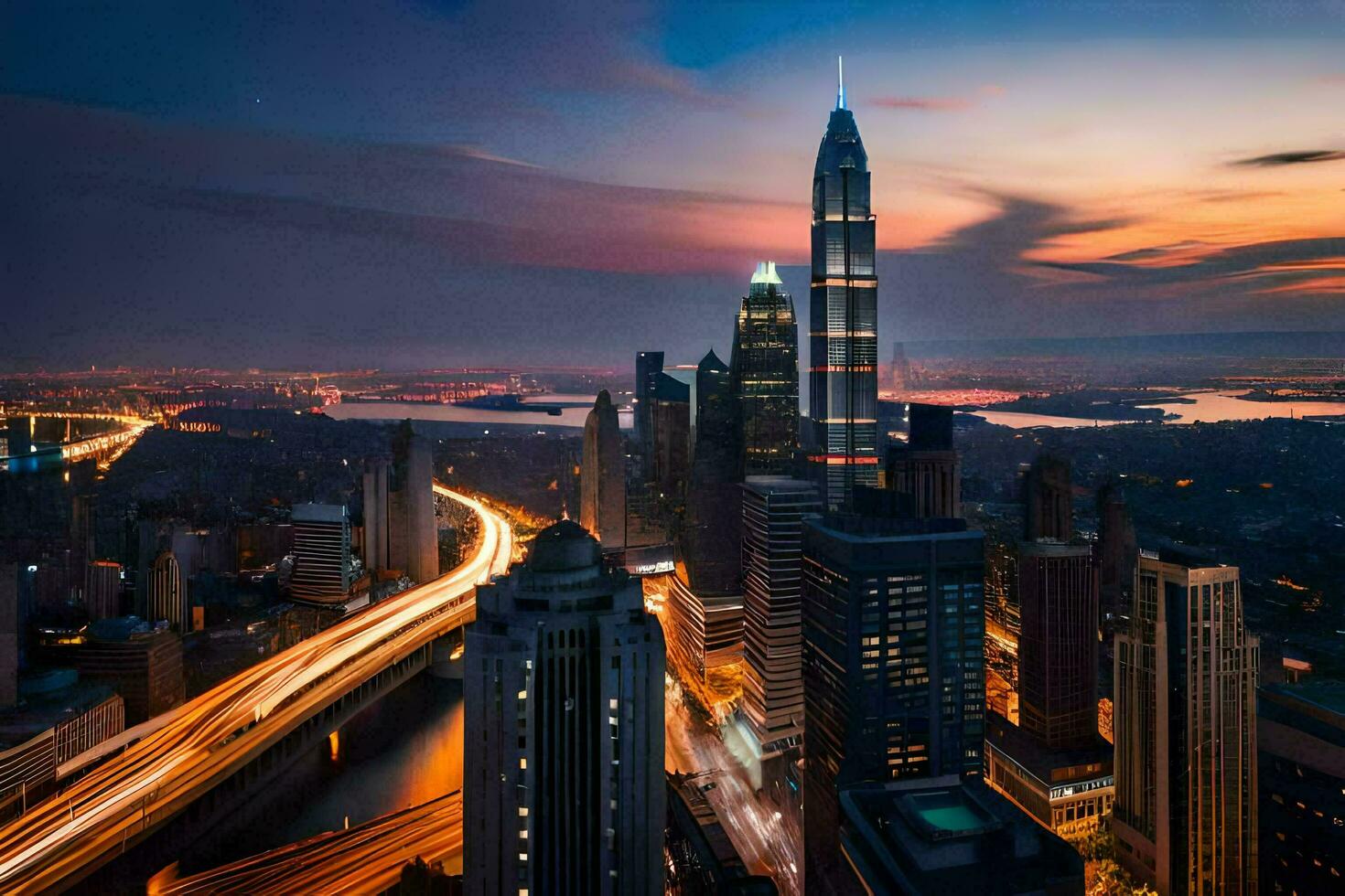 the city skyline at dusk with traffic lights. AI-Generated photo