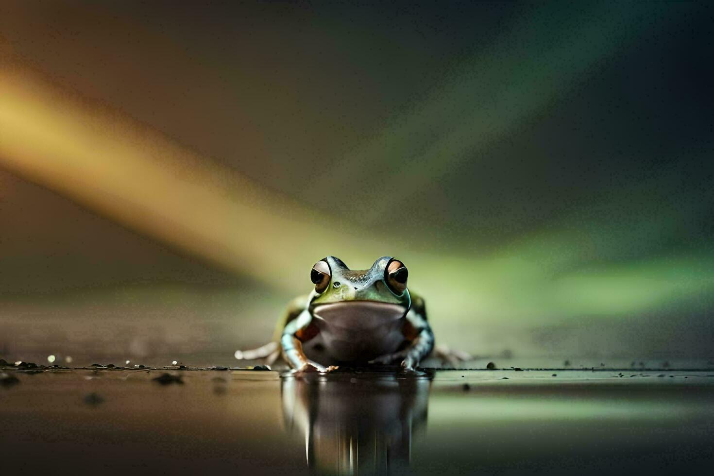 a frog sitting on the ground with a bright light. AI-Generated photo