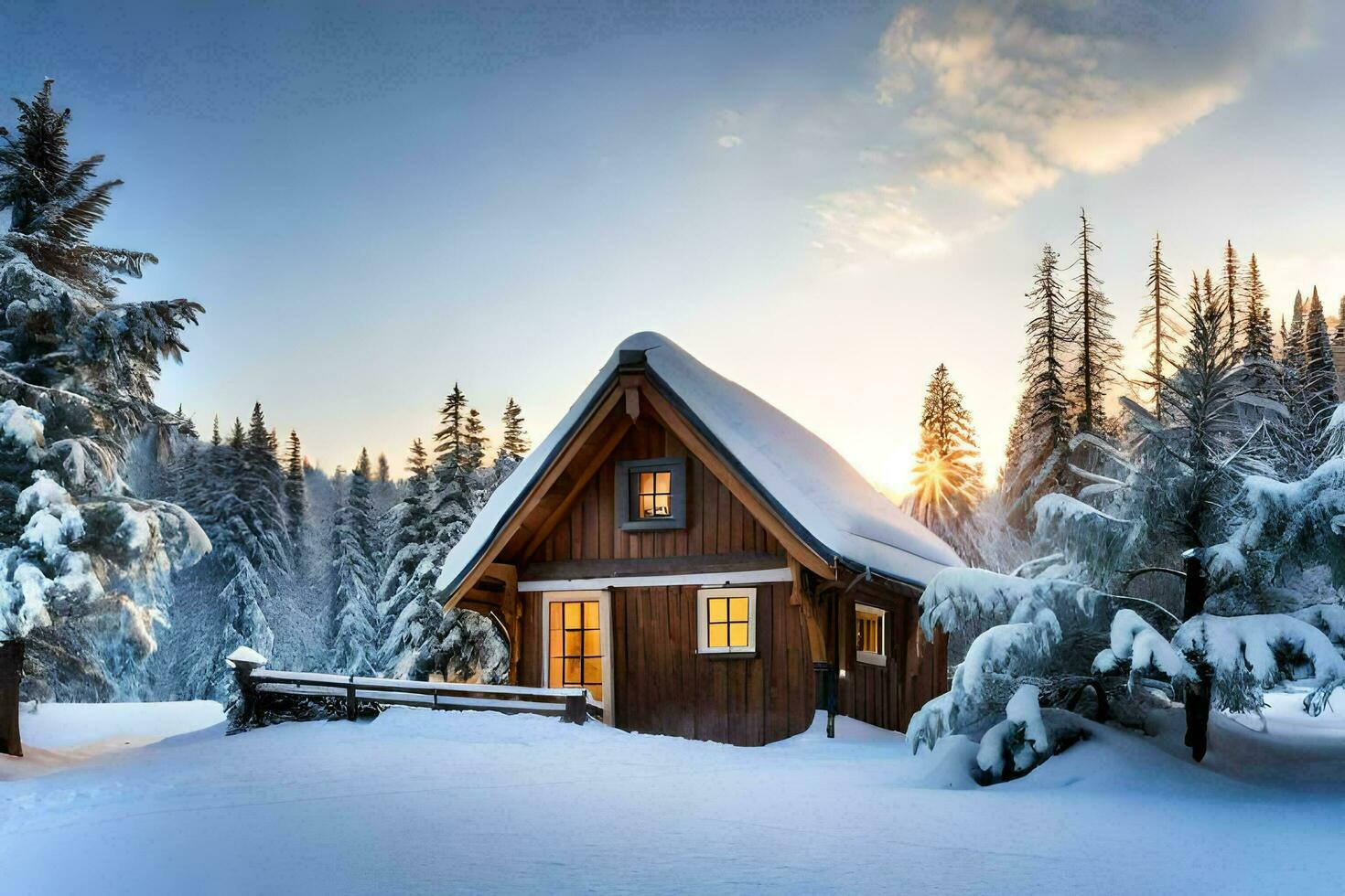 a cabin in the snow with trees and snow. AI-Generated photo